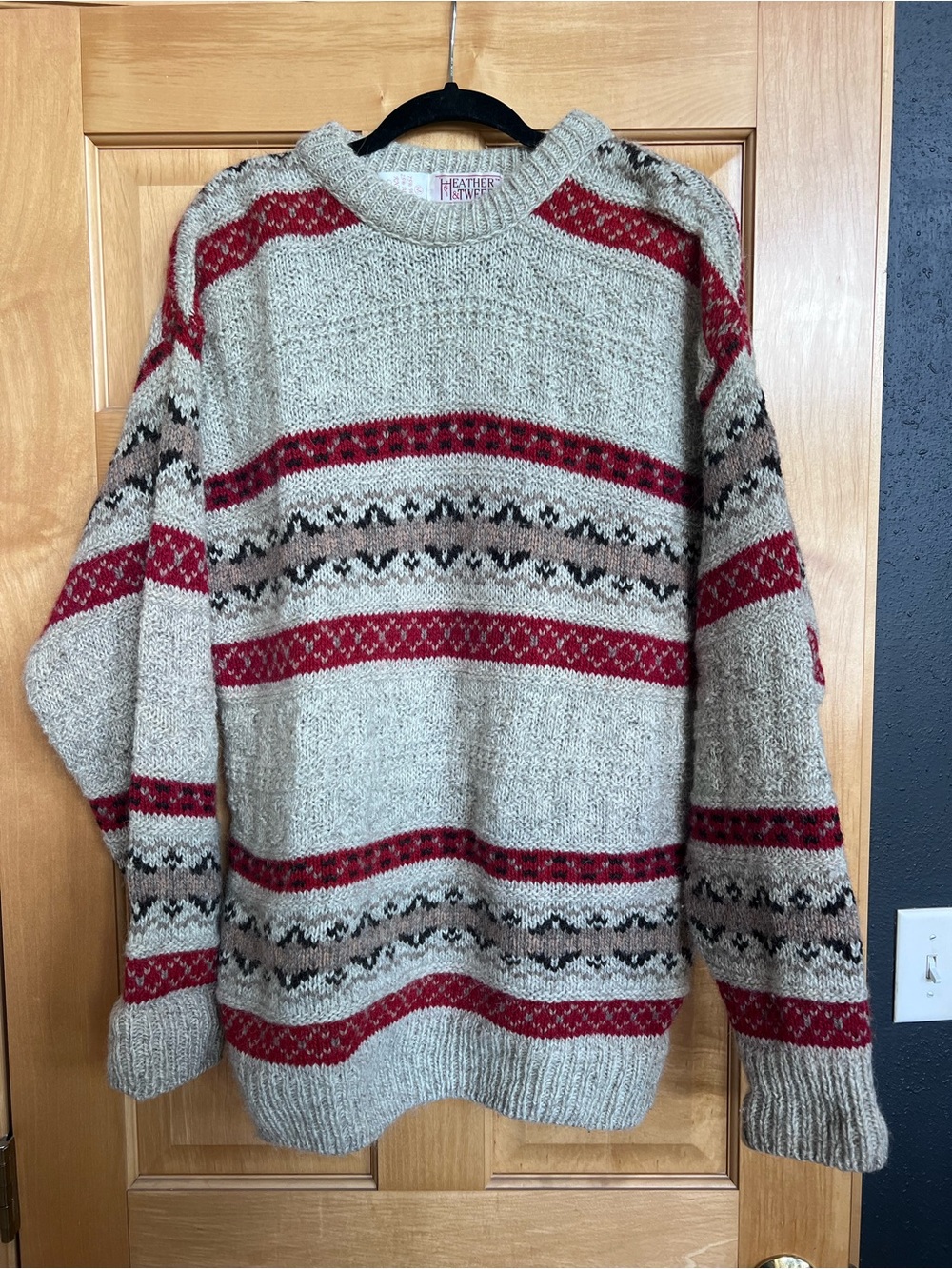 Crewneck Fair Isle Wool/Alpaca Sweater - Red/Beige Made in England Vintage